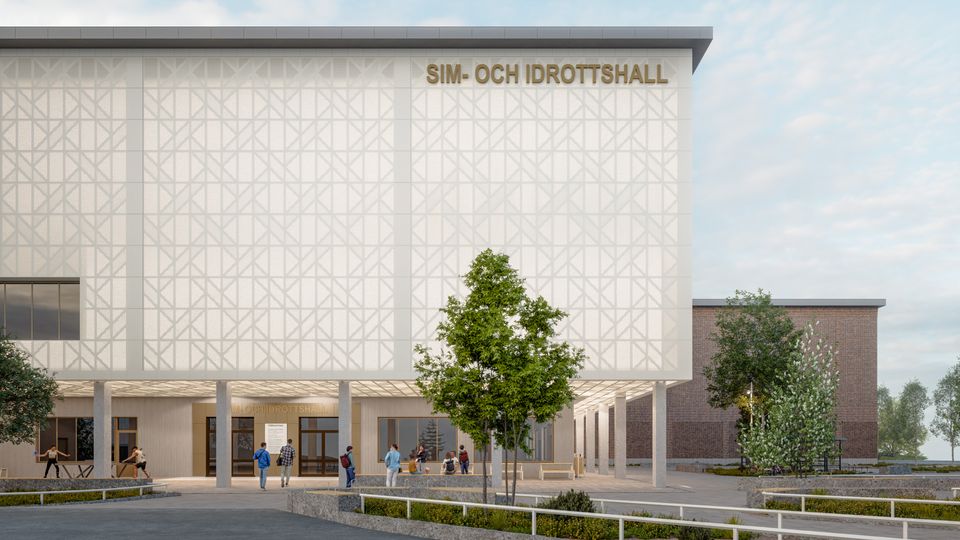 Illustration av Huddinges framtida sim- och idrottshall, med ljus fasad, entré under tak och människor utanför byggnaden.