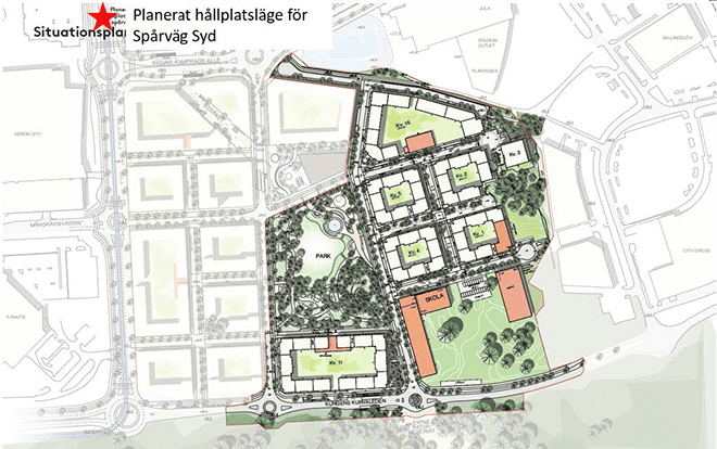 Illustration ur en detaljplan för Kungens kurva med planerade kvarter, park, skola och grönområden samt hållplatsläge för Spårväg Syd.